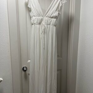 Lulu's Cream White Deep V Maxi Jumpsuit
